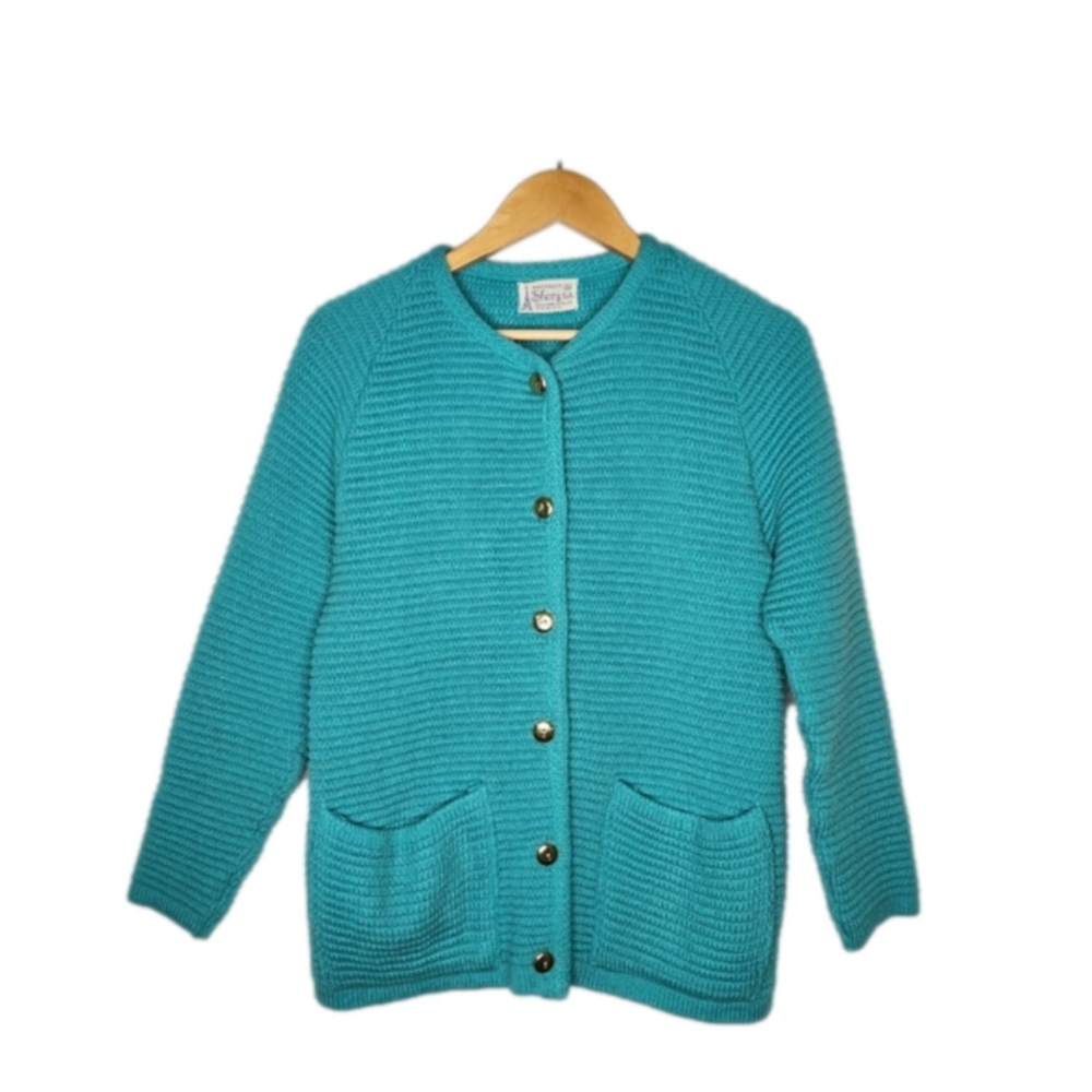 Vintage Turquoise Blue Knit Gold Button Cardigan Sweater Size Medium